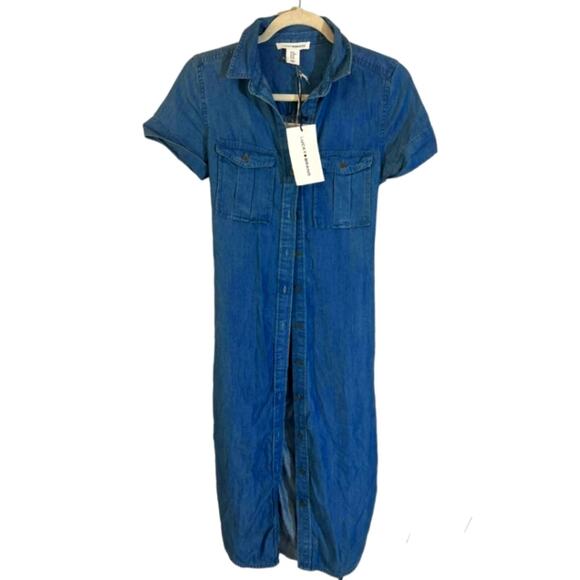 Lucky Brand Women's Short Sleeve Button Up Blue Denim Dress XS Front Pockets NWT - Picture 1 of 7